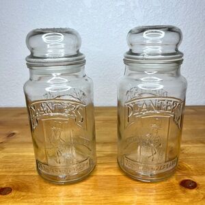 Vintage 1981 75th Anniversary Planters Mr Peanut Glass Jar With Lid Set Of Two